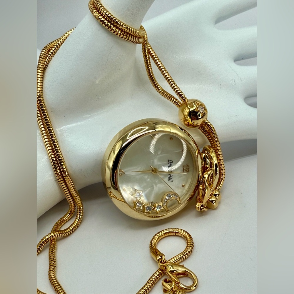 Deidre Hall Pocket Watch Necklace Crystal Accent Moon & Stars Charms MOP Face - Picture 5 of 17